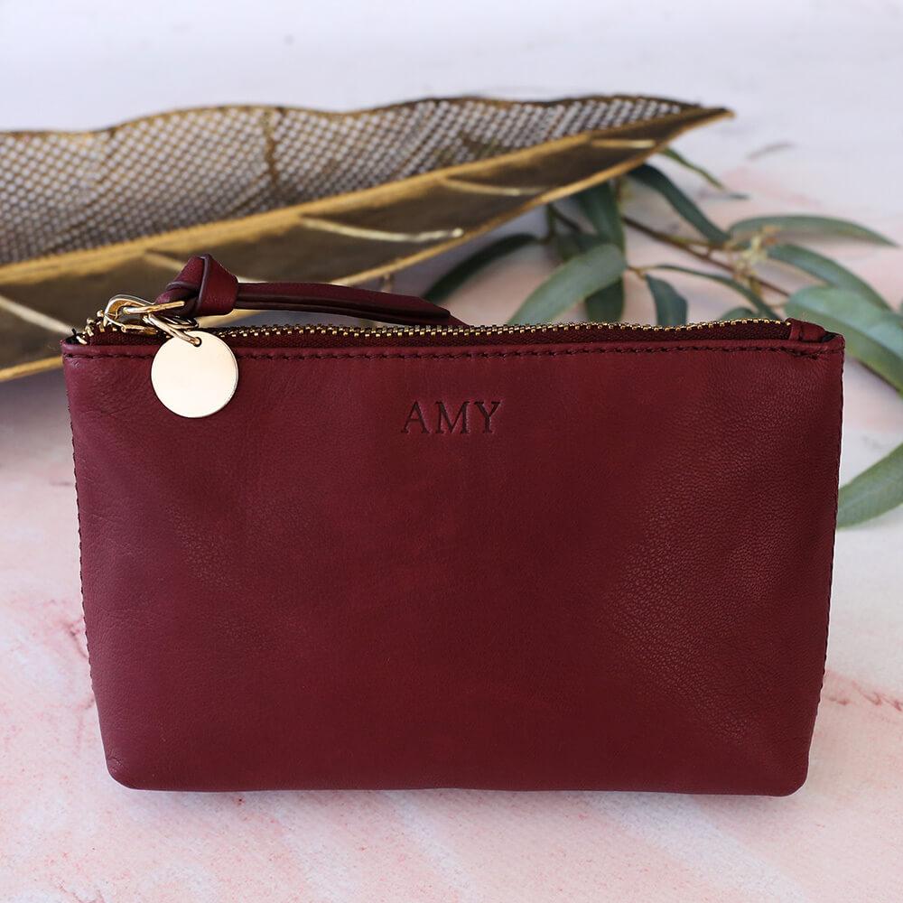 Personalised Burgundy Leather Cosmetic Pouch - Harper