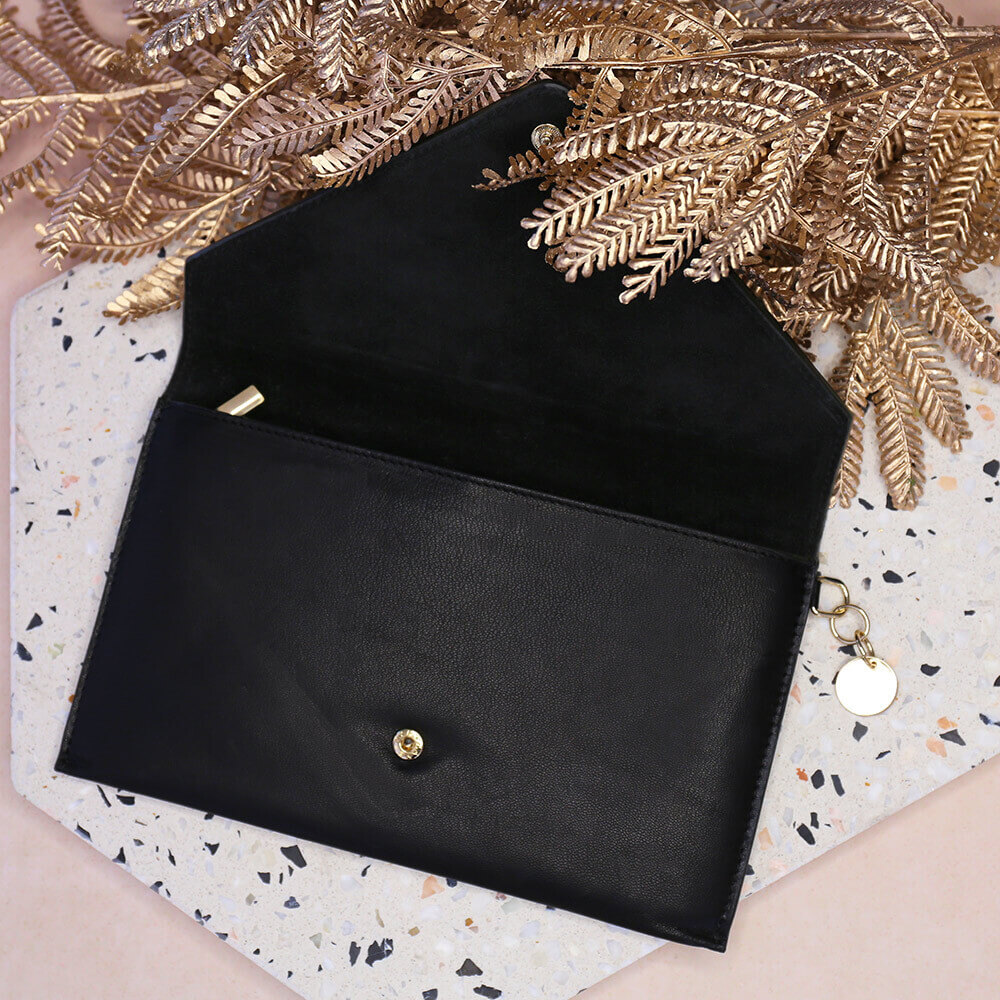 black patent leather envelope clutch